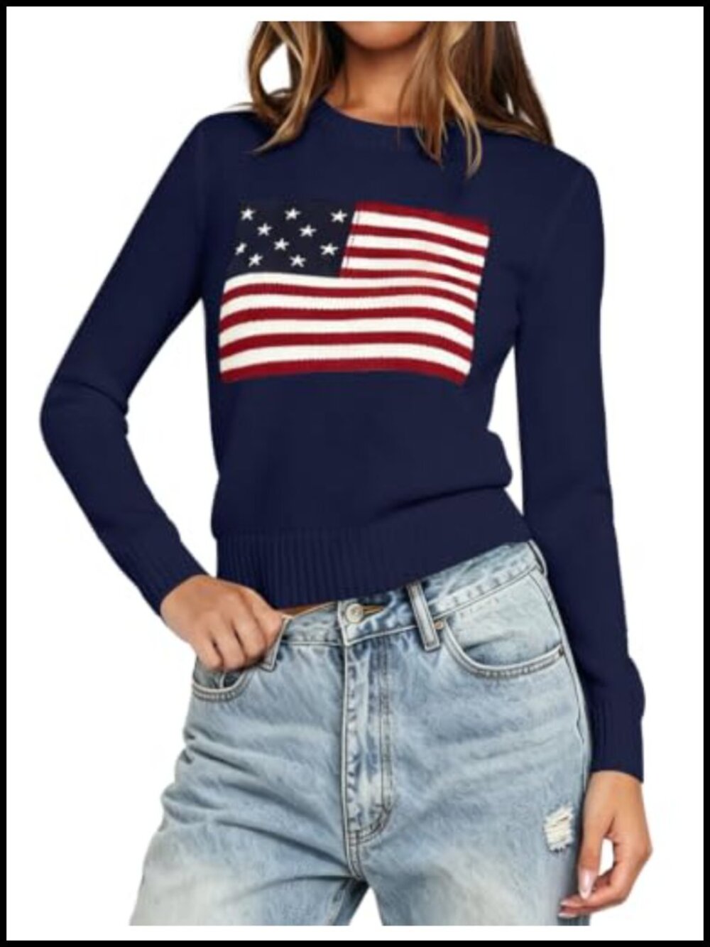 Cropped American Flag Knit Pullover Sweater Crew Neck Long Sleeve